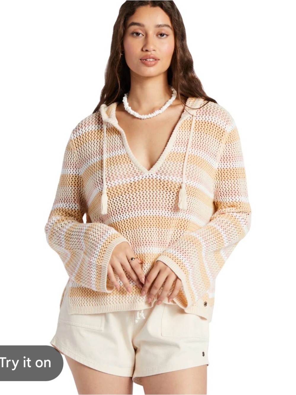 Roxy Peach and Cream Striped Open-Weave Hoodie